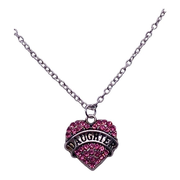Pink Daughter Silver Family Crystal Rhinestone Cubic Zirconia CZ Heart Necklace - Picture 1 of 5
